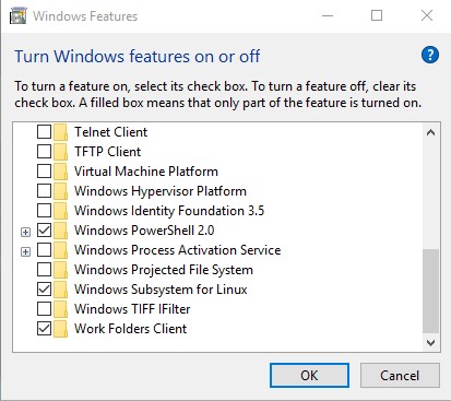 WSL in Windows Settings